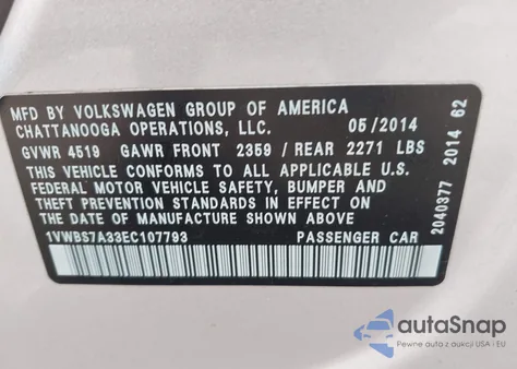 2014 Volkswagen Passat 1.8T Se from USA, damaged, VIN 1VWBS7A33EC107793